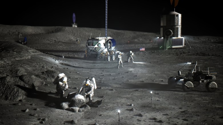 Una ilustración de la NASA de un futuro campamento lunar.