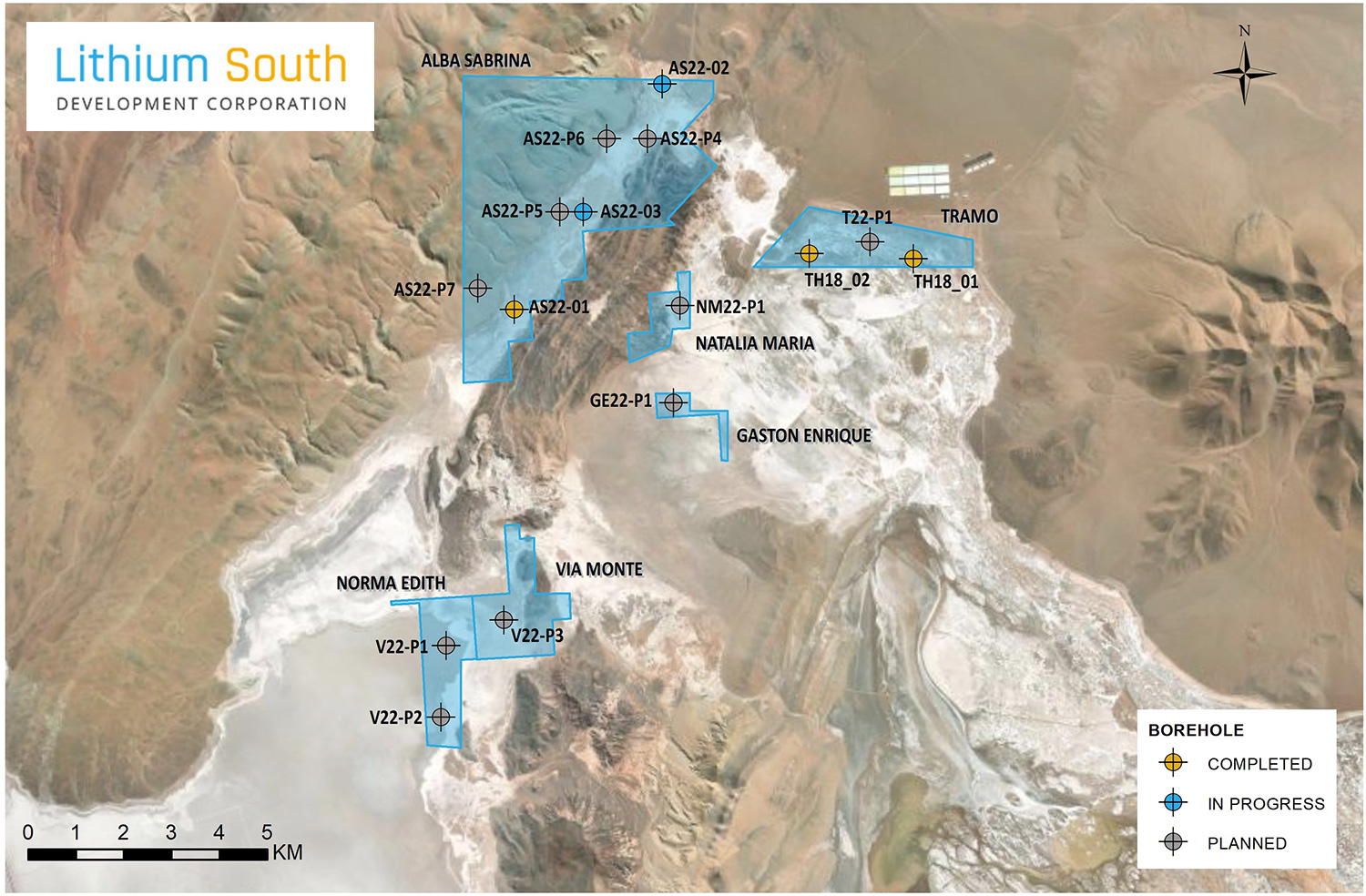 Mapa de perforación del sur de litio: representa 6 bloques de reclamaciones (Alba Sabrina, Tramo, Natalia Maria, Gaston Enrique, Norma Edith y Via Monte).